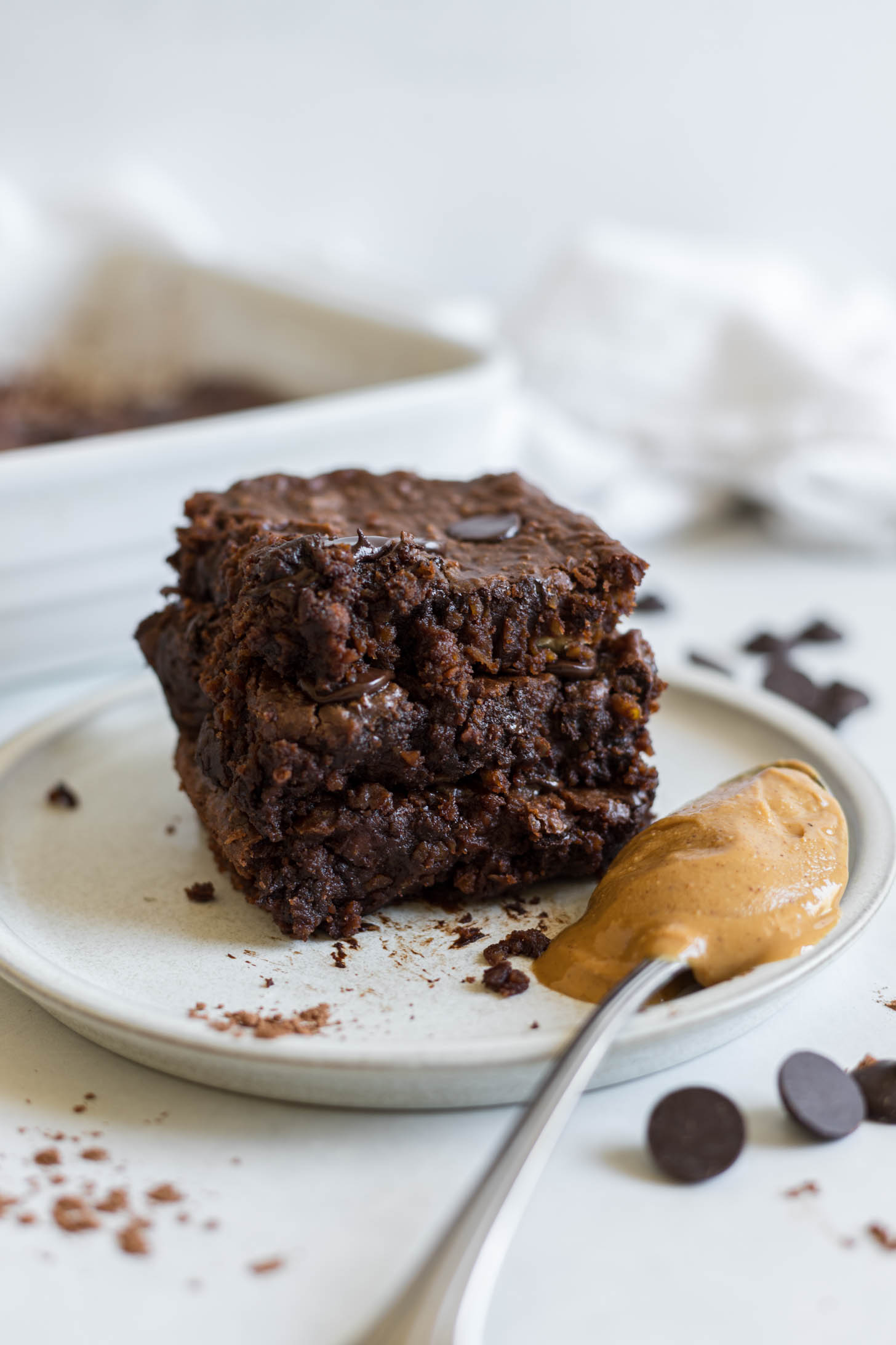 Stack of peanut butter brownies.