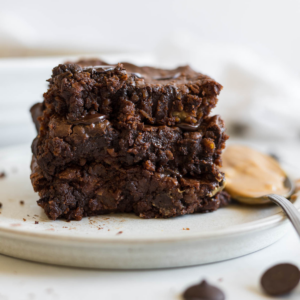 A stack of peanut butter chickpea brownies.