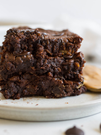 A stack of peanut butter chickpea brownies.
