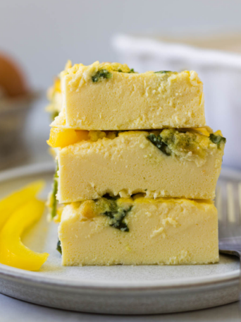Stack of cottage cheese egg bake slices.