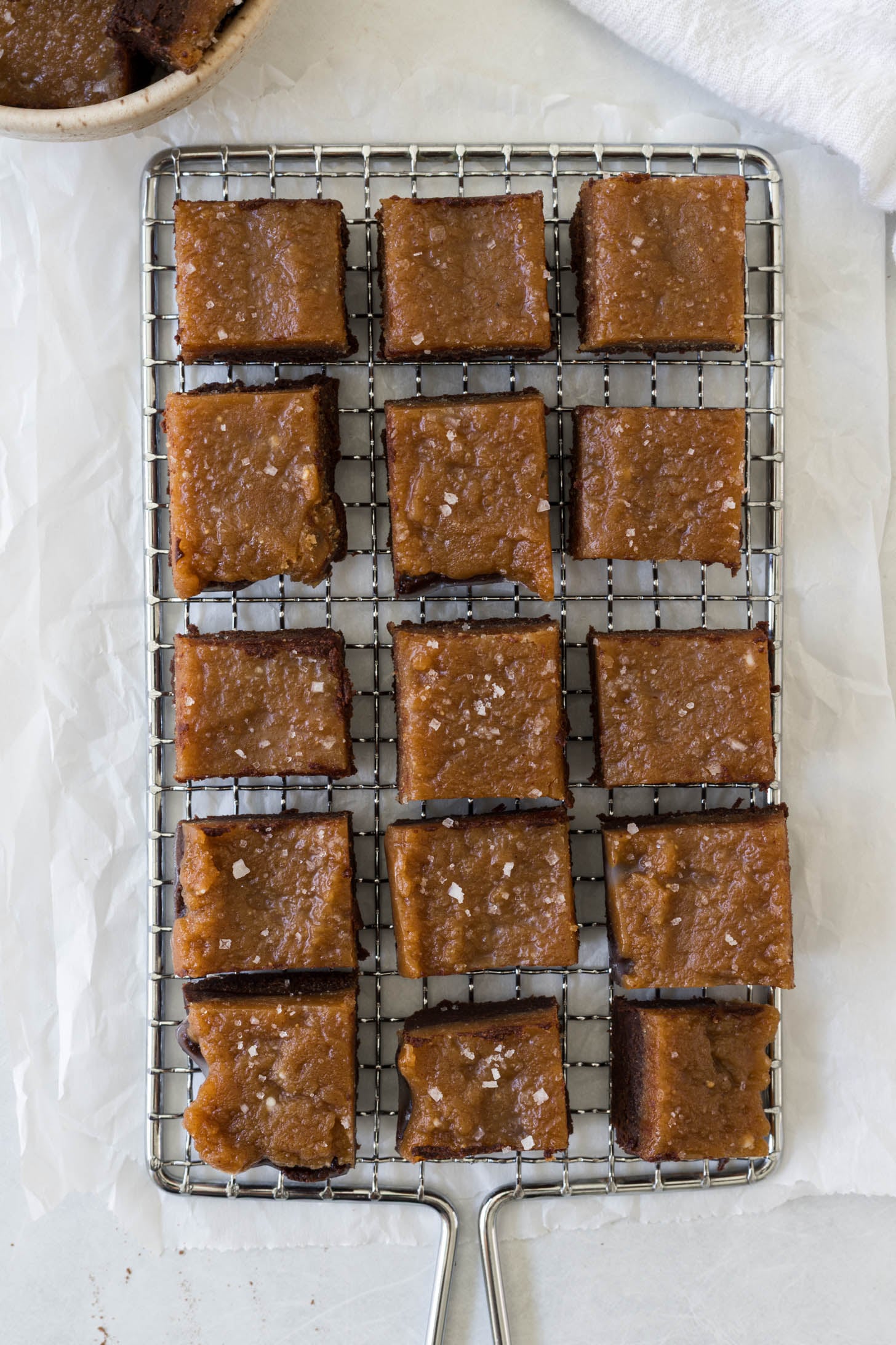 Fudge squares on a wire rack.