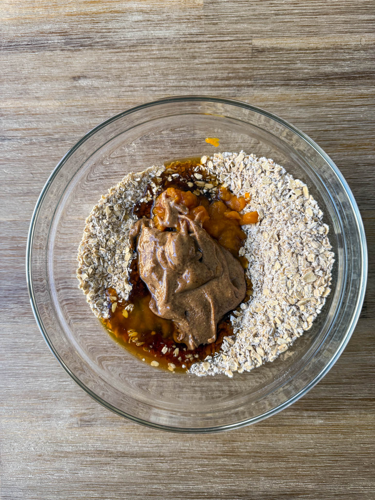 Wet and dry ingredients in a bowl.