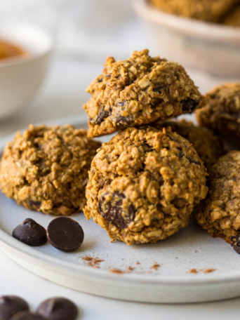 A plate of gluten free pumpkin chocolate chip cookies.