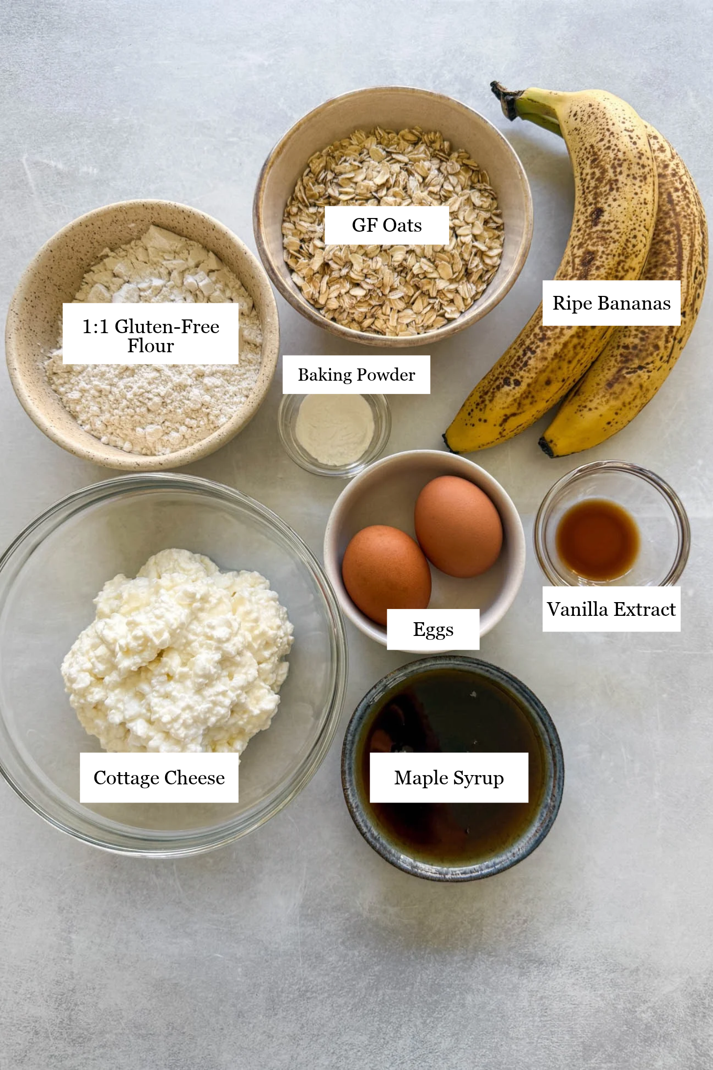 Ingredients for the banana cottage cheese muffins.